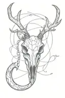 A minimalist tattoo of a deer skull intertwined with a fishing hook, symbolizing the client's love for hunting and fishing tattoo design idea
