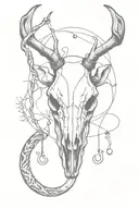 A minimalist tattoo of a deer skull intertwined with a fishing hook, symbolizing the client's love for hunting and fishing tattoo design idea