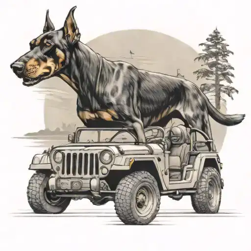 A realistic Doberman driving a jeep in a military setting tattoo design idea
