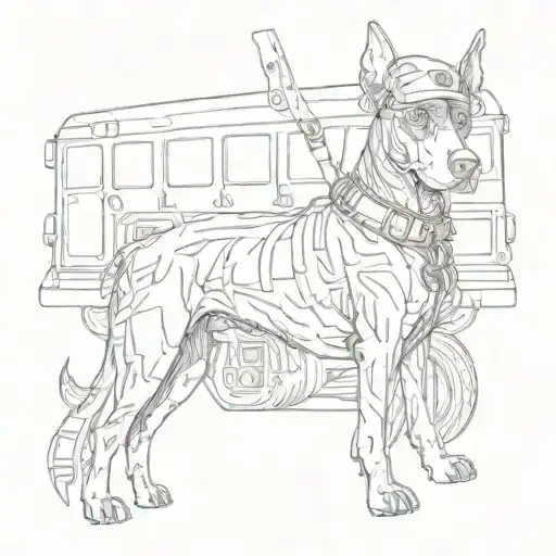 A tattoo design of a Doberman wearing an army helmet, standing next to a jeep and a tractor trailer, symbolizing the client's passions tattoo design idea
