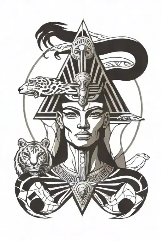 Create sketch of realistic egyptian God, Surrounded by tigers, and eye of horus tattoo design idea