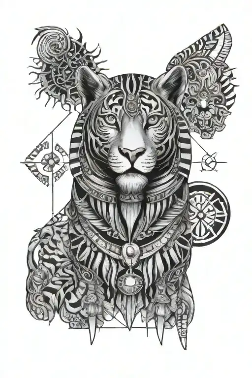 Create sketch of realistic egyptian God, Surrounded by tigers, and eye of horus, Tigers are the main part tattoo design idea