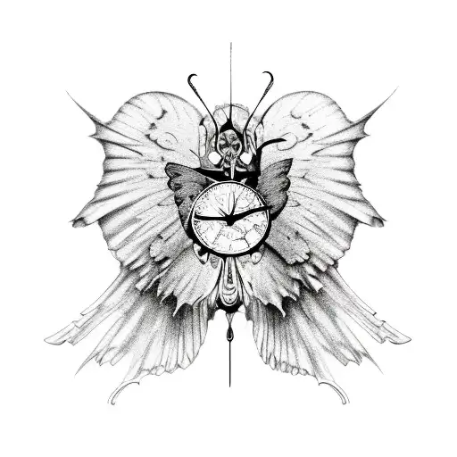fallen angel, butterfly, warped clock tattoo design idea