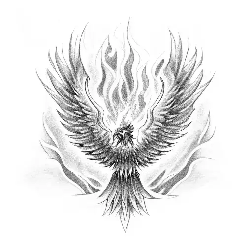A majestic phoenix rising from the ashes, surrounded by magical flames tattoo design idea