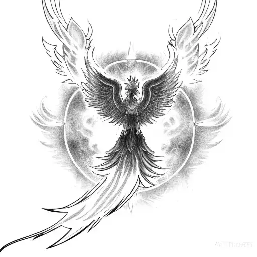 A majestic phoenix rising from the ashes, surrounded by magical flames tattoo design idea