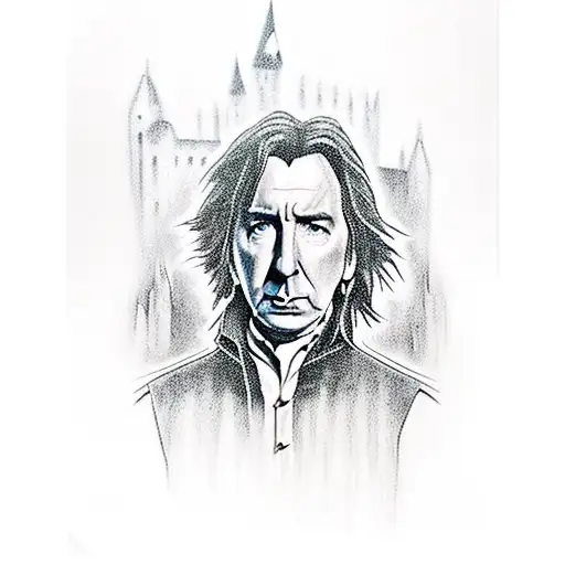 Alan Rickman as Severus Snape, Always with a magical glow and Hogwarts in the background  tattoo design idea