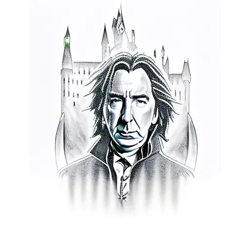 Alan Rickman as Severus Snape, Always with a magical glow and Hogwarts in the background  tattoo design idea