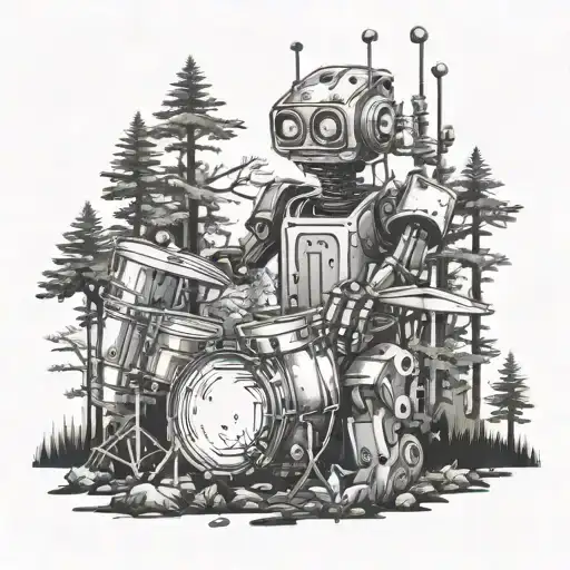 A technology-themed tattoo of a robot playing the drums in a forest setting tattoo design idea