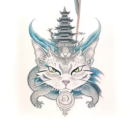dragon cat and samurai tattoo design idea