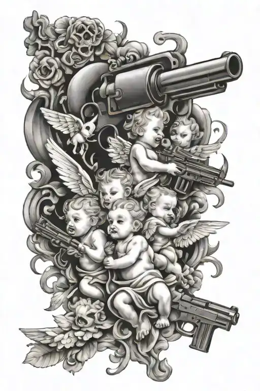 LA tattoo as a gun wit baby angels fighting demons tattoo design idea
