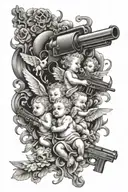 LA tattoo as a gun wit baby angels fighting demons tattoo design idea