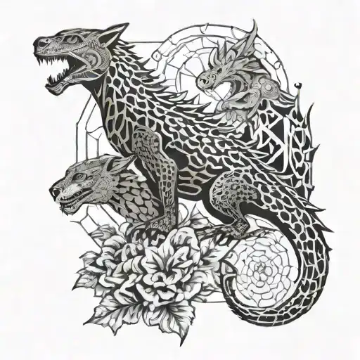 dragon and jaguar with ferns and birds tattoo design idea