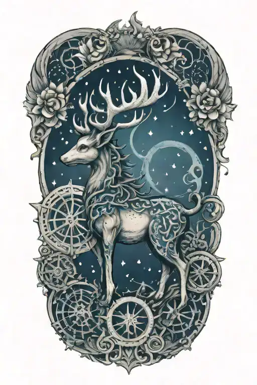 Stag and Kirin blue dragon  whit dharma wheel in nature with small 26 stars tattoo design idea
