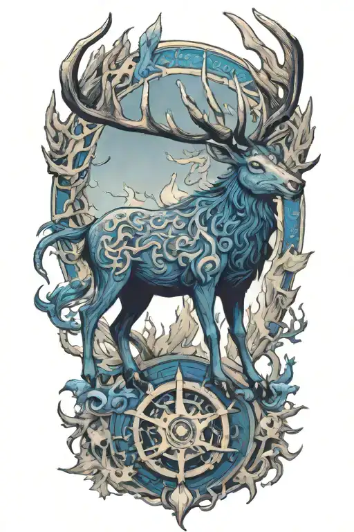 Crossover stag with Kirin blue dragon  whit dharma wheel in nature with 26 little stars tattoo design idea