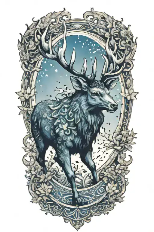 Crossover stag with Kirin blue dragon  whit dharma wheel in nature with 26 little stars tattoo design idea