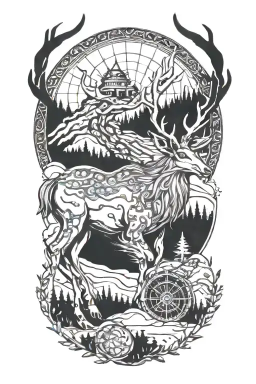 Crossover stag with kirin blue dragon whit dharma wheel in nature with small 26 stars tattoo design idea