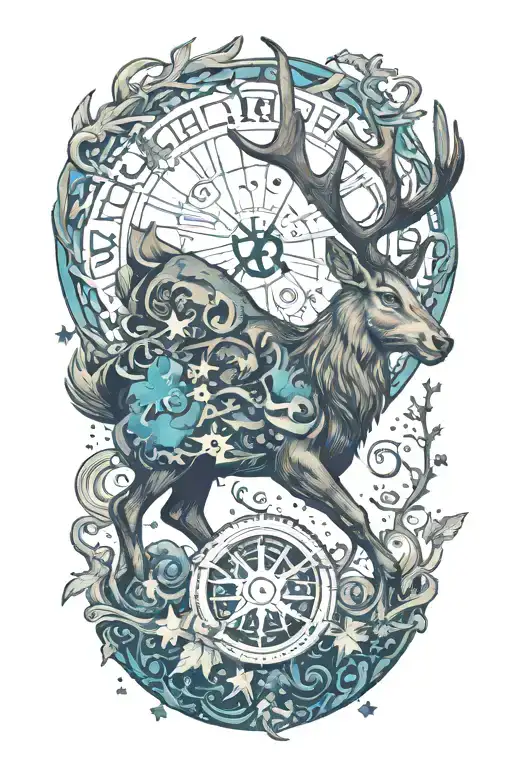 Crossover stag with Kirin blue dragon  whit dharma wheel in nature with 26 little stars tattoo design idea