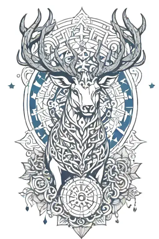 Crossover stag with Kirin blue dragon  whit dharma wheel in nature with 26 little stars tattoo design idea