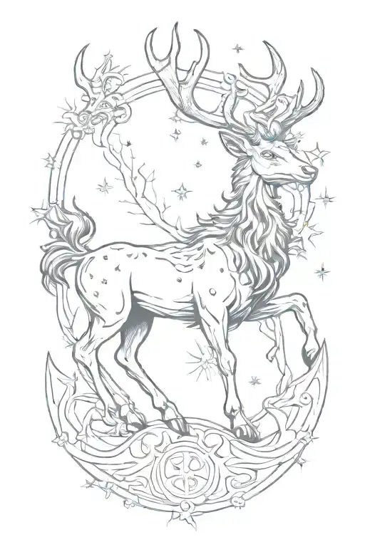 Crossover stag with Kirin blue dragon  whit dharma wheel in nature with 26 little stars tattoo design idea