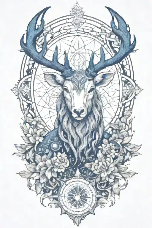 Crossover stag with Kirin blue dragon  whit dharma wheel in nature with 26 little stars tattoo design idea