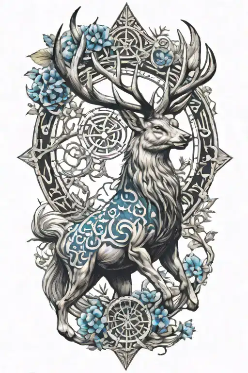 Crossover stag with Kirin blue dragon  whit dharma wheel in nature with 26 little stars tattoo design idea