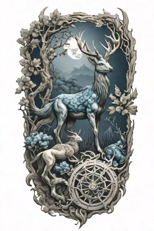 Stag and Kirin blue dragon  whit dharma wheel in nature tattoo design idea