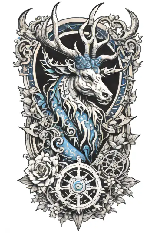 Crossover stag with Kirin blue dragon  whit dharma wheel in nature with 26 little stars tattoo design idea