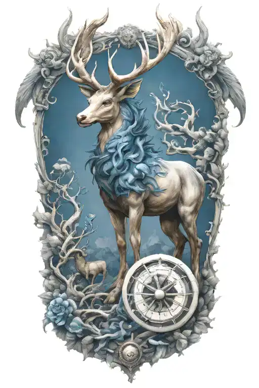 Stag and Kirin blue dragon  whit dharma wheel in nature tattoo design idea