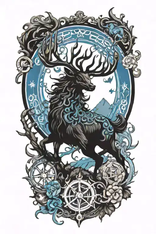 Crossover stag with Kirin blue dragon  whit dharma wheel in nature with 26 little stars tattoo design idea