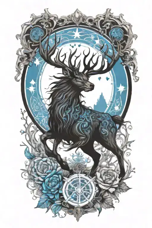 Crossover stag with Kirin blue dragon  whit dharma wheel in nature with 26 little stars tattoo design idea