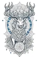 Crossover stag with Kirin blue dragon  whit dharma wheel in nature with 26 little stars tattoo design idea