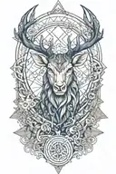 Crossover stag with Kirin blue dragon  whit dharma wheel in nature with 26 little stars tattoo design idea