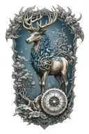 Stag and Kirin blue dragon  whit dharma wheel in nature tattoo design idea