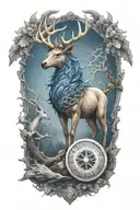 Stag and Kirin blue dragon  whit dharma wheel in nature tattoo design idea