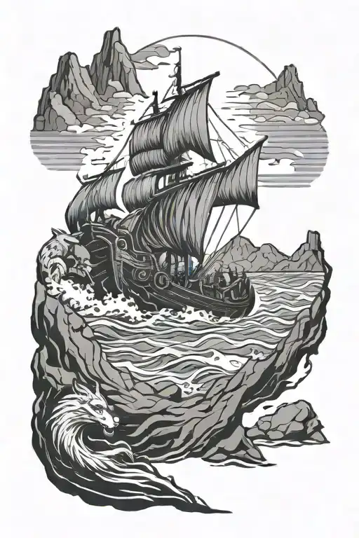 Illustrate a Viking ship sailing through a sea of rocks with wolves running alongside, all in a black-grey style tattoo design idea