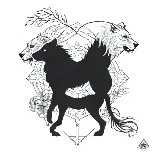 A blackwork tattoo of a lion and wolf facing off in a nature-inspired design tattoo design idea