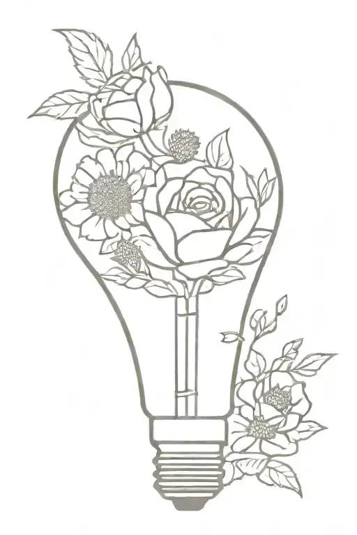 a broken lightbulb with a bouquet of roses, chrysanthemums, aster, lily of the valley, and a daisy growing inside tattoo design idea