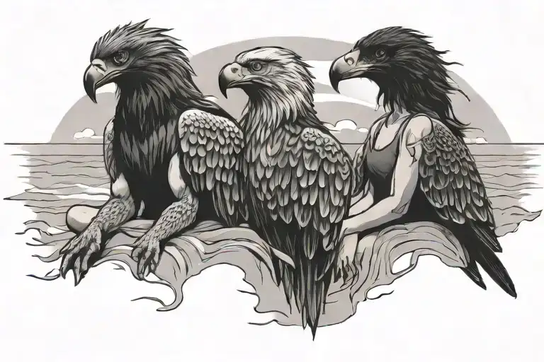 boy and girl sitting at the beach and look for an eagle fly over the sea tattoo design idea