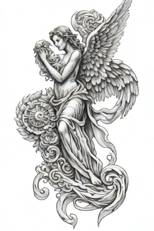 angel with wings with roman numerals going vertically above the angel in between wings  tattoo design idea