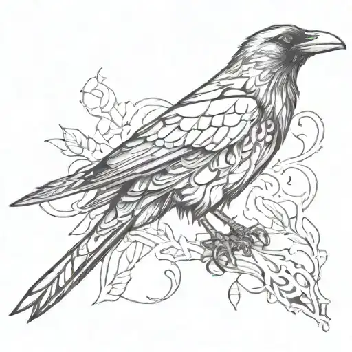 A dark and edgy sketch-style tattoo of a gothic raven with blackwork details tattoo design idea