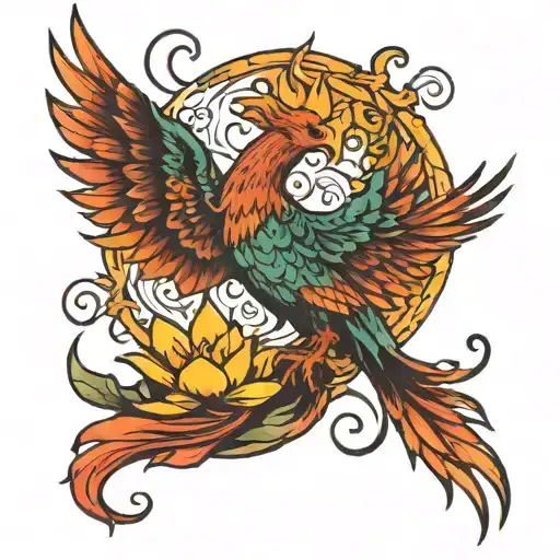 A phoenix rising from a lotus flower with a hand from the heavens protecting over it tattoo design idea
