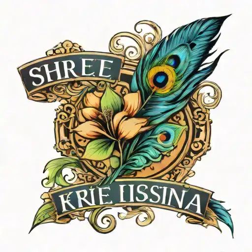 Shree Krishna text in Hindi text tattoo design featuring peacock feather tattoo design idea