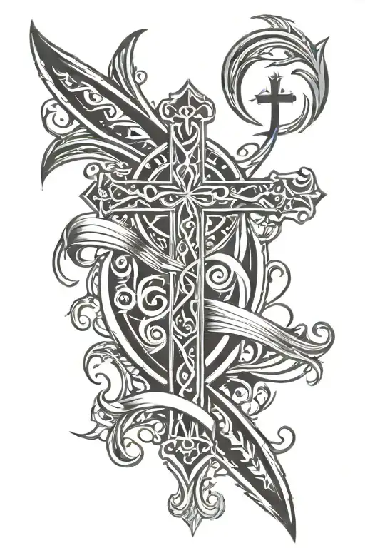 tribal waves and Christian cross tattoo design idea