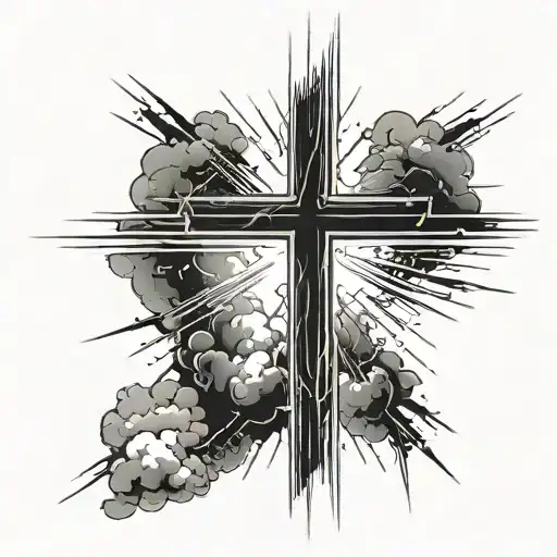 cross in the middle of forarm with beams of sunlight coming out of it in all directions with clouds behind the beams tattoo design idea