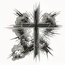 cross in the middle of forarm with beams of sunlight coming out of it in all directions with clouds behind the beams tattoo design idea
