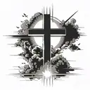 cross in the middle of forarm with beams of sunlight coming out of it in all directions with clouds behind the beams tattoo design idea