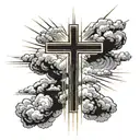 cross in the middle of forarm with beams of sunlight coming out of it in all directions with clouds behind the beams tattoo design idea