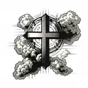 cross in the middle of forarm with beams of sunlight coming out of it in all directions with clouds behind the beams tattoo design idea