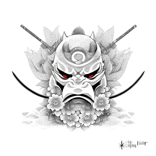 half oni mask with sakura flowers around it with a katana tattoo design idea