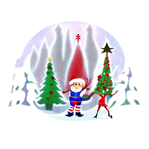 A festive Christmas scene with Buddy the Elf and the Rockettes dancing together tattoo design idea